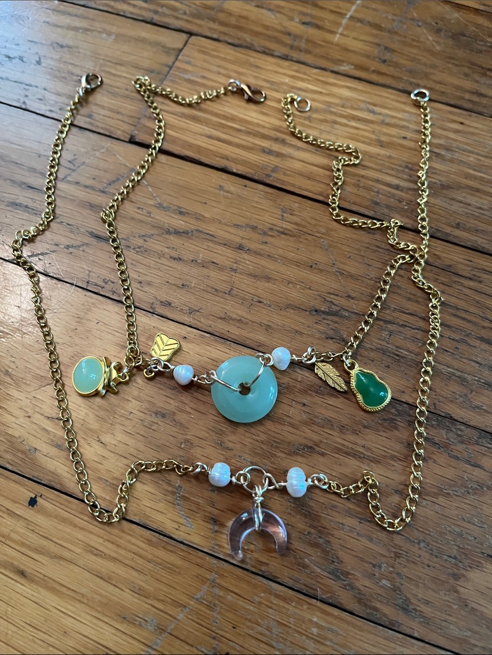 Set of 2 Gold Chain Layered Necklace with Green and Aqua Charms - Women Jewelry